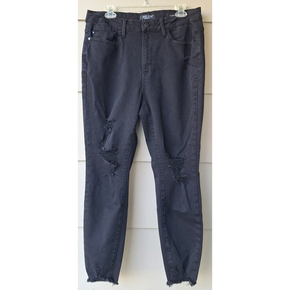 Judy Blue Skinny Ft Distressed Black Jeans Size 16W Stretch Frayed Hems Ankle